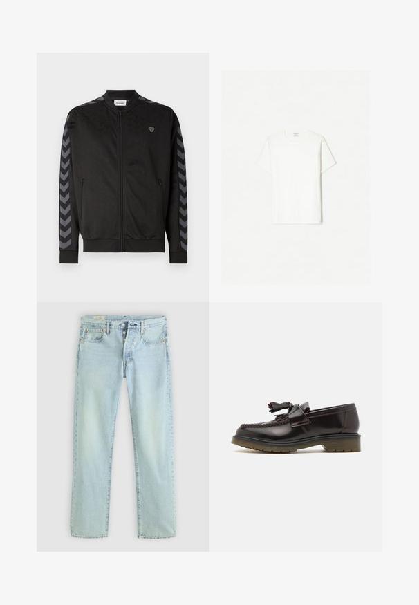 Musta urheilu takki, jossa on vetoketjullinen etuosa, kuvioitu pinta, ribbireunat ja erottuvat harmaat chevron-nauhat hihoissa.; Valkoinen puuvillapaita, pyöreä pääntie, lyhyet hihat, rento istuvuus, sileä pinta, ei näkyviä kuvioita tai yksityiskohtia.; Vaaleansiniset farkut, joissa on suora leikkaus, viisi taskua, nappikiinnitys ja hillitty haalistus. Sisältää ompeluotteita ja kuparisia niittejä.; Ruske nahkate loafere z woveno zasnovo, z detajlom v obliki resic in ravnim gumijastim podplatom. Imajo gladek zaključek in kontrastno šivanje.