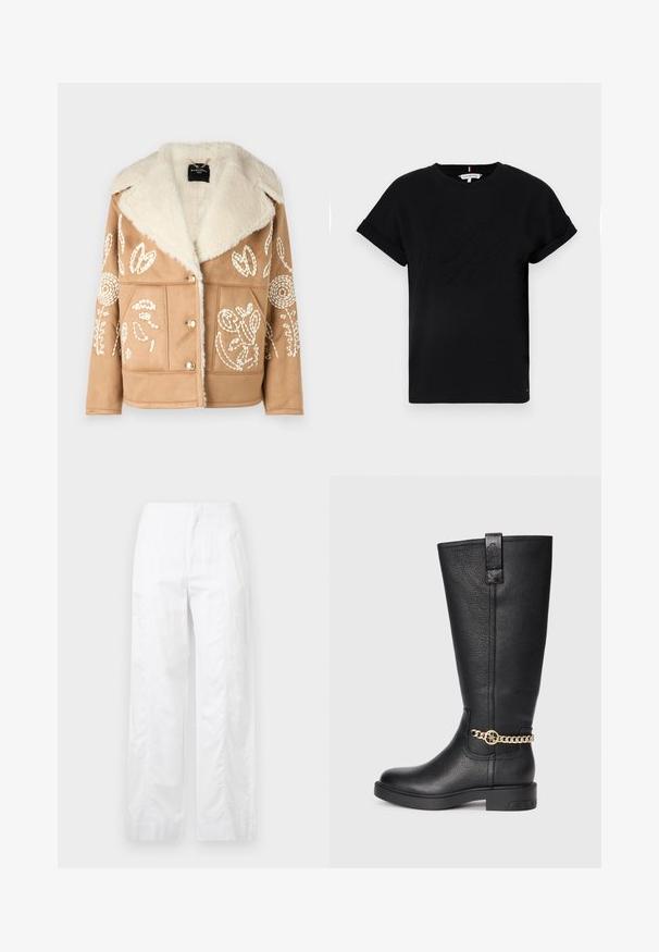 Jachetă din suede fals bej cu guler din blană de miel, având broderie florală albă, nasturi dublu brete și buzunare frontale.; Tricou din bumbac negru, cu mâneci scurte răsucite, având un logo embosat în centrul său și un accent mic cu steag pe lateral.; Pantaloni albi cu croială largă, fabricați dintr-un material ușor, având o textură netedă, linii curate și un design cu talie înaltă.; Botă din piele neagră, până la genunchi, cu un finisaj texturat, având un accent decorativ din lanț auriu și o talpă plată din cauciuc.