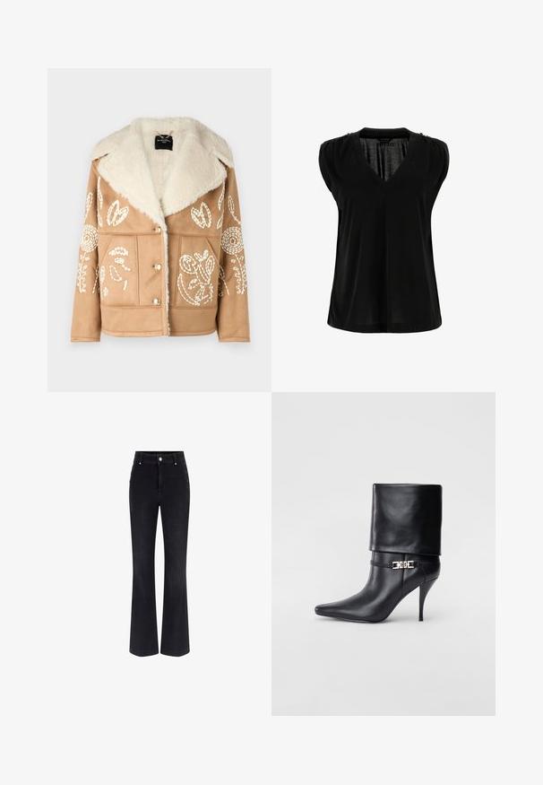 Tan mākslīgā zamša jaka ar šerlinga apvalku, ar baltām ziedu izšuvumiem, divkāršiem pogām un priekšējiem kabatām.; Melnā bez piedurknēm augšdaļa ar V-veida kakla izgriezumu, izgatavota no gludas auduma. Raksturīgas plecu detaļu krokas un brīvs piegriezums, ar taisnu apakšmali.; Melni džinsi ar izflarētiem pēdējiem, augstu jostasvietu, piecu kabatu dizainu un metāla pogu akcentiem sānos. Gluda tekstūra un klasika fit.; Melnas ādas potīšu zābaki ar smailu purngalu, augstu stiletto papēdi, salocītu aproci un zeltītu dekoratīvu sprādzi uz potītes.