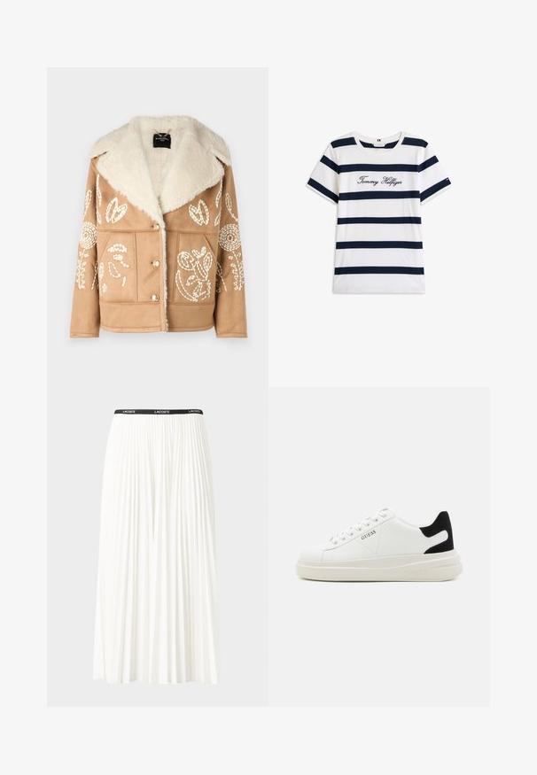 Veste en suédine tan avec col en fourrure, ornée de broderies florales blanches, de boutons à double boutonnage et de poches avant.; T-shirt en coton avec des rayures horizontales bleu marine sur un fond blanc. "Tommy Hilfiger" brodé en écriture cursive sur la poitrine. Encolure ras du cou.; Jupe plissée blanche avec une taille élastique noire portant le logo "LACOSTE". Design mi-long avec une texture douce.; Baskets en cuir blanc avec une épaisse semelle blanche, un accent en daim noir au niveau du talon et un logo embossé sur le côté. Design à lacets avec six œillets.
