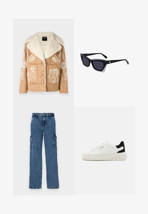 Giacca in faux suede color tan con colletto in shearling, caratterizzata da ricami floreali bianchi, bottoni doppi e tasche frontali.; T-shirt in cotone con righe orizzontali blu navy su sfondo bianco. "Tommy Hilfiger" ricamato in corsivo sul petto. Collo a giro.; Pantaloni cargo in denim blu con vestibilità relaxed, dotati di due tasche laterali, cuciture rinforzate e design a gamba dritta.; Sneaker bianchi in pelle con suola spessa bianca, accento in suede nero sul tallone e logo impresso sul lato. Design con lacci e sei fori per i lacci.; Occhiali da sole oversize neri dalla forma geometrica, con lenti scure e un dettaglio grigio a contrasto sulla montatura. Logo sul braccio.