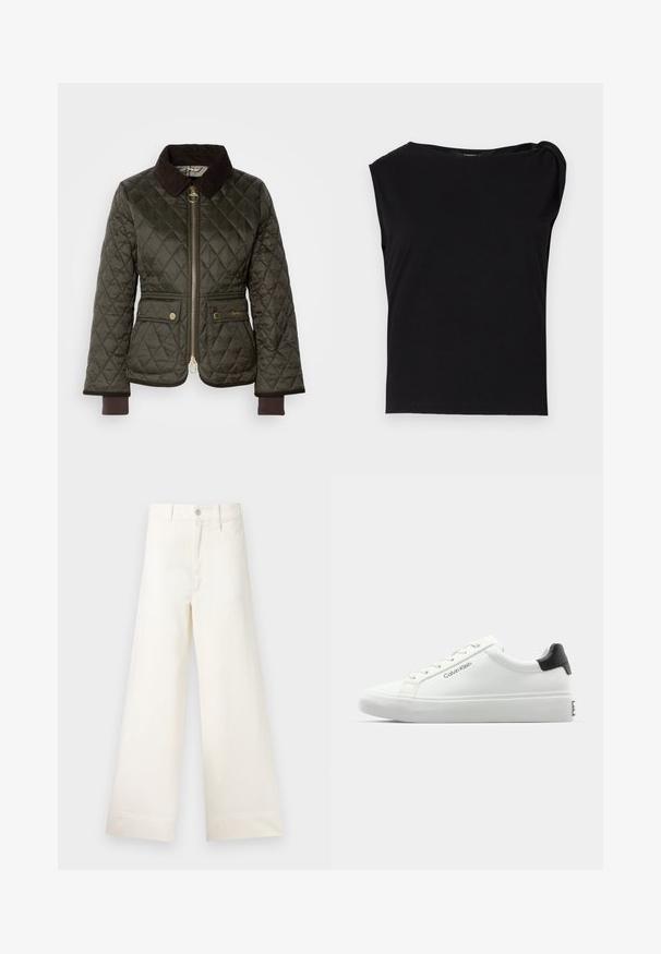 Jachetă matlasată de culoare verde închis, cu guler din bumbac brun, fermoar frontal, două buzunare și manșete ribbate. Accente de detalii aurii pe buzunare.; Top negru cu maneci scurte, fabricat dintr-un material neted. Prezintă un decolteu rotund și un detaliu drapat pe umăr. Design simplu, ajustat.; Pantaloni cu croi larg din bumbac bej deschis. Prezintă talie înaltă, buzunare frontale și croi drept. Terminare netedă a tivului, fără modele.; Tenisii albi cu un finisaj neted, cu accent pe toc negru și design cu șireturi. Prezintă branding-ul "Calvin Klein" pe lateral. Stil minimalist.