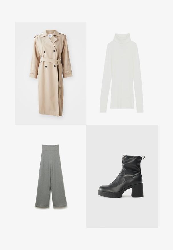 Beżowy płaszcz typu trench z podwójnym zapięciem, czarnymi guzikami, paskiem w talii i naramiennikami; wykonany z gładkiego materiału w luźnym kroju.; Biały sweter z golfem o prążkowanej fakturze, z długimi rękawami, miękką tkaniną i wysokim, zwiniętym kołnierzem, posiadający dopasowany krój i bez widocznych zapięć.; Szare spodnie o szerokich nogawkach, wykonane z miękkiego, fakturowanego materiału i z wysokim stanem, charakteryzujące się prostym, nieskomplikowanym krojem, bez wzorów i ozdób.; Czarne botki za kostkę wykonane z gładkiej skóry, wyposażone w boczny zamek błyskawiczny, masywny teksturowany obcas oraz zaokrąglony czubek.