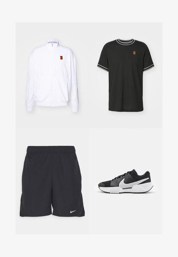 Hvid zip-up sweatshirt lavet af blød stof, med høj krave og et lille flerfarvet Nike-logo på venstre bryst.; Sort kortærmet t-shirt lavet af mesh-stof, med hvid kant på kraven og ærmerne, og et lille gult og rødt logo på brystet.; Sorte atletiske shorts lavet af letvægtsstof, med elastisk talje og et lille hvidt Nike-logo nederst til venstre.; Sorte athletic sko med en tekstureret overdel, hvidt swoosh-logo, polstret hæl og en kontrasterende hvid sål med et zigzagmønster.