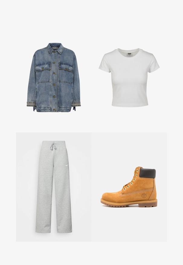 Jasnoniebieska kurtka dżinsowa z dwoma kieszeniami na piersi, mosiężnymi guzikami oraz ćwiekami na mankietach i u dołu. Charakteryzuje się luźnym krojem.; Biała bawełniana koszulka z klasycznym okrągłym dekoltem, krótkimi rękawami i dopasowanym krojem. Brak widocznych wzorów lub akcentów.; Szare dresy z elastycznym pasem, szczegóły ze sznurkiem i małym białym logo Nike na lewej udzie. Miękka tkanina, luźny krój.; Brązowy skórzany botek za kostkę z czarnym wykończeniem, złotymi oczkami i teksturowaną podeszwą. Posiada okrągłe logo z boku oraz akcenty w postaci przeszyć.