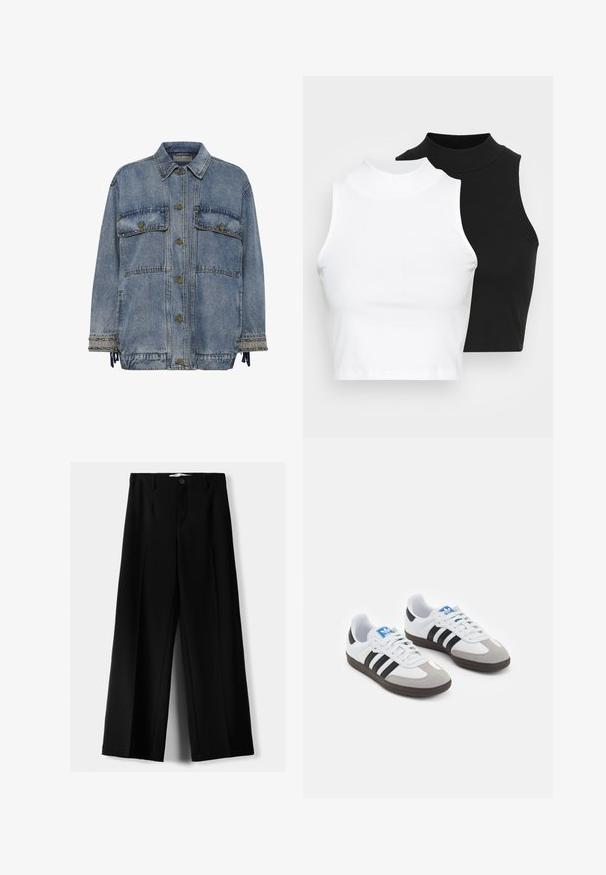 Denim jakna svetlo modre barve z dvema prsnih žepoma, bronastimi gumbi in nosilnimi okrasnimi elementi na manšetah in robu. Ima sproščen kroj.; Dva brezrokavniki z rebrasto turtleneck gorami v črni in beli barvi, z oblikovanim dizajnom in gladko teksturo, v skrajšani dolžini.; Črne široke hlače iz lahkega materiala, z zapiranjem na gumb spredaj in ravnim sprednjim delom, s skrbno zašiti robovi.; Športni čevlji z belim usnjenim zgornjim delom, sivim semišem na prstih in tremi črnimi črtami. Imajo modro logo na jeziku in teksturiran gumijast podplat.