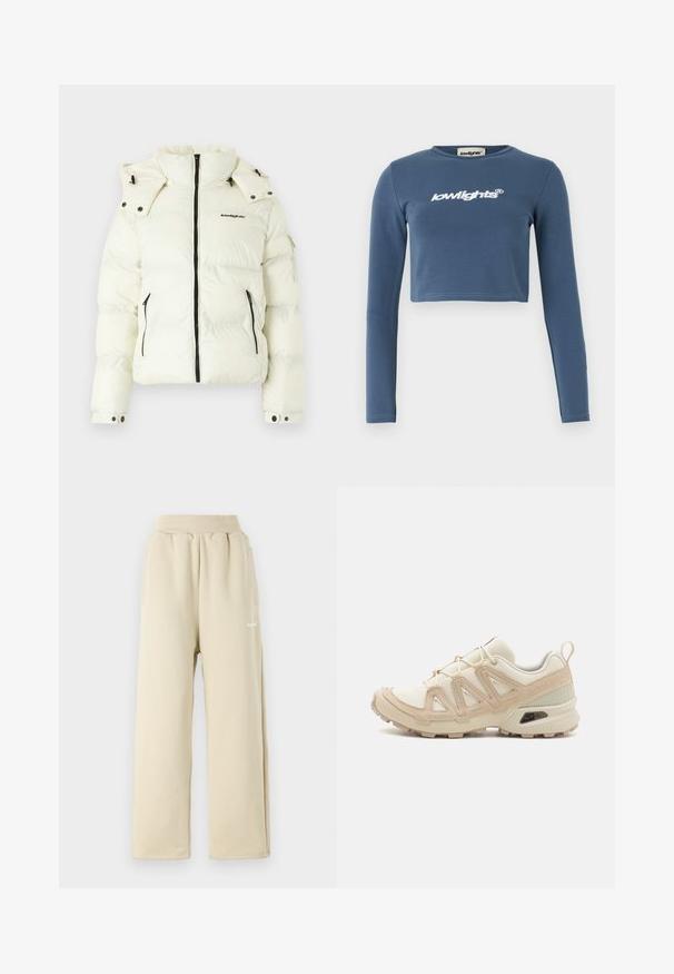 Vit pufferjacka med hög krage, dragkedjestängning, dragkedjefickor och justerbara ärmslut. Har varumärkeslogotyp i svart på framsidan.; Blå kortärmad långärmad skjorta i mjuk bomull, med vit broderad "lowlights"-logotyp på framsidan. Slät textur, ribbad halsringning.; Beige vida byxor i mjukt material med elastisk midja, sidan fickor och liten broderad logotypdetalj.; Beige och krämfärgad atletisk sko med texturerad meshovandel, stöttande överdrag och gummisulor med ett mönster för grepp.