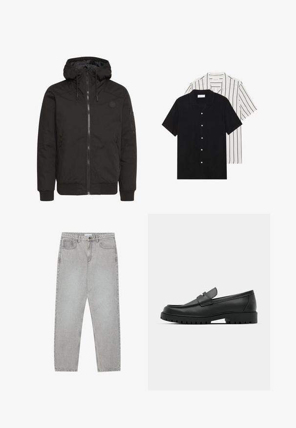Crna jakna s patentnim zatvaračem, podesivom kapuljačom, rebrastim manžetama i logom na zakrpi. Izrađena od glatkog, izdržljivog materijala s minimalističkim dizajnom.; Dva kratka rukava košulje: jedna potpuno crna, a druga bijela s crnim okomitim prugama. Obje imaju dugmad i klasični ovratnik.; Svijetlosivi traper hlače s ravnim nogavicama, stilom s pet džepova i kopčanjem na gumb. Vidljivo šivenje duž šavova.; Crne kožne mokasine s zaobljenim vrhom, s ušivenim dizajnom, niskom platformom i teksturiranim, gumenim potplatom s izbočinama.