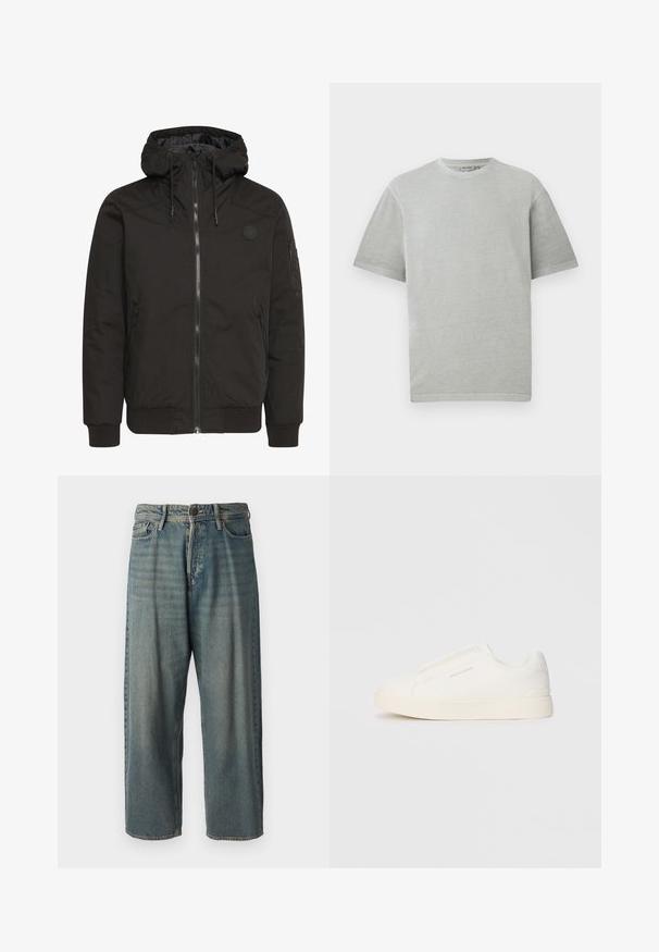 Juodas paltas su užtrauktuku priekyje, reguliuojama kapuču, gumuotomis rankovėmis ir pleistru su logotipu. Pagamintas iš lygaus, patvaraus audinio su minimalistiniu dizainu.; Šviesiai pilkos spalvos marškinėliai trumpomis rankovėmis ir apvalia iškirpte, pademonstruoti ant paprasto balto fono.; Šviesiai mėlyni džinsai su laisvu siluetu, vidutinio aukščio juosmeniu ir tiesiomis kojomis. Su penkiais kišenėmis, diržo kilpo ir mygtukų uždarymu.; Baltos slip-on sportbačiai su tekstūruota paviršiumi, storesniu padu ir minimalistišku dizainu. Šone matosi prekės ženklo logotipas.