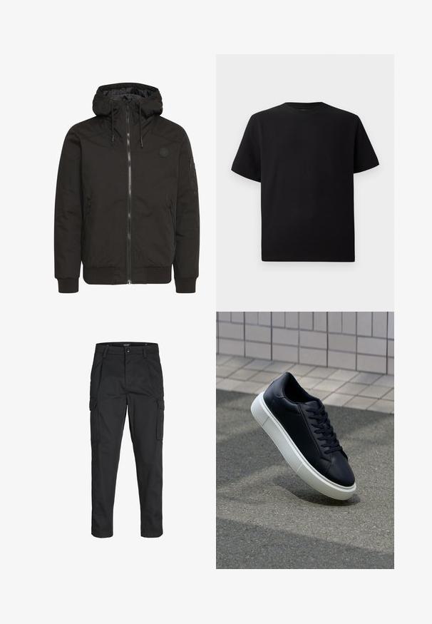 Črna jakna z zadrgo spredaj, nastavljivo kapuco, rebrastimi manšetami in logotipom na zakrpah. Narejena iz gladkega, trpežnega materiala z minimalističnim oblikovanjem.; Črna kratka majica s kratkimi rokavi, izdelana iz teksturirane tkanine, z okroglim izrezom in sproščenim krojem. Preprosta, brez vzorcev ali dodatkov.; Črne cargo hlače iz trdnega blaga, ki imajo več žepov, gumbasto zapiranje in ozek kroj z zožanimi nogami.; Črne usnjene superge z zaobljenim prstom in belim gumijastim podplat. Imajo ravne vezalke in minimalno šivanje na zgornjem delu. Teksturirani podplat za oprijem.