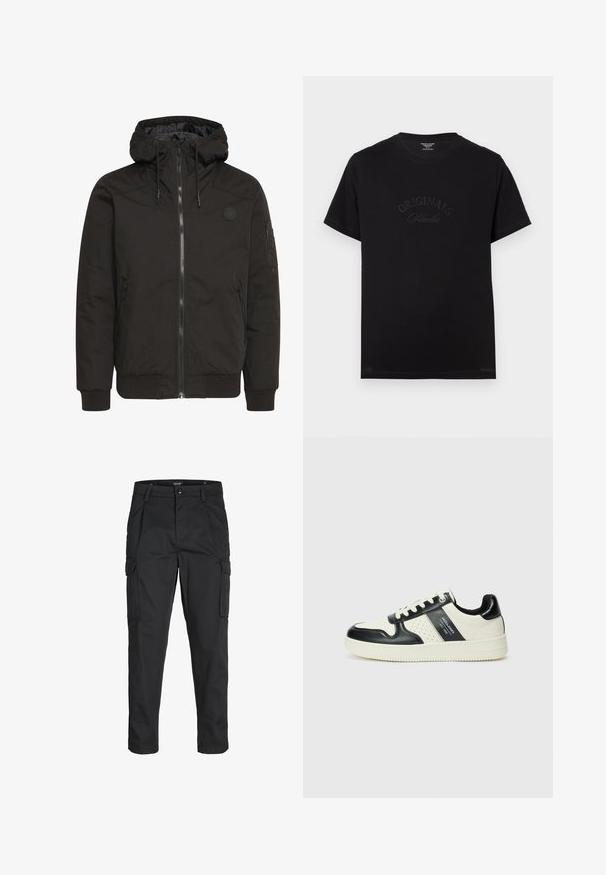 Black jacket with a zip front, adjustable hood, ribbed cuffs, and a patch logo. Made from a smooth, durable fabric with a minimalist design.; Black cotton t-shirt with short sleeves and a round neckline. Features "ORIGINALS Studio" embossed in tonal lettering on the front.; Black cargo pants made of sturdy fabric, featuring multiple pockets, a button closure, and a slim fit design with tapered legs.; Leather sneakers with a black and cream color scheme, featuring perforated accents, a padded collar, and a textured outsole.