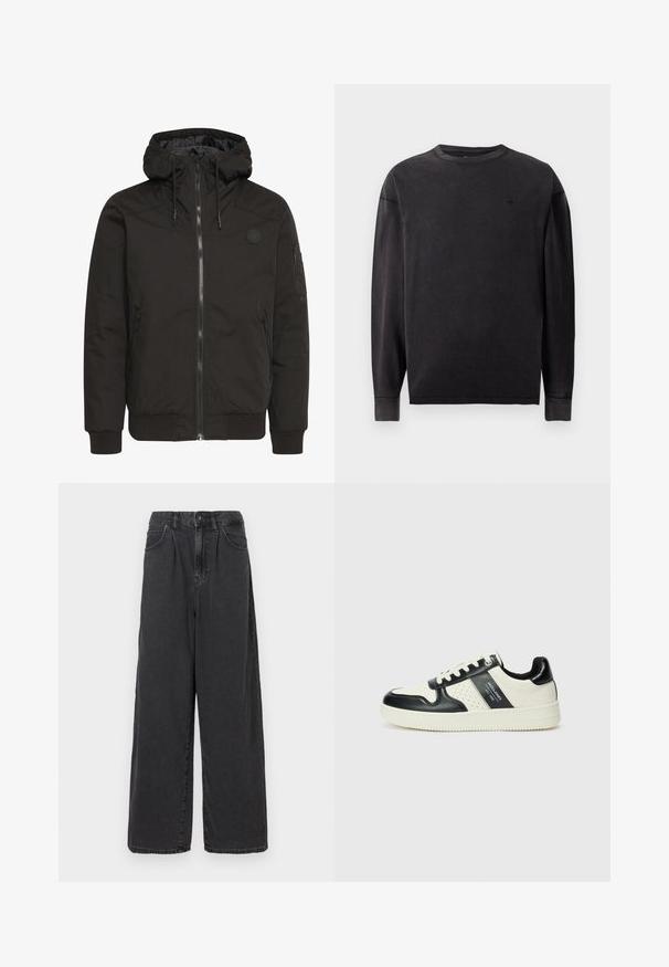 Sorte jakke med lynlås foran, justerbar hætte, ribbede manchetter og et patch-logo. Lavet af et glat, holdbart stof med et minimalistisk design.; Sort langærmet t-shirt lavet af bomuld, med almindelig halsudskæring, manchetter og et lille logo på brystet. Glat tekstur.; Bredde ben, høj talje sorte denimbukser med frontknap og lynlås, der har sidelommer og en glat overflade.; Lædersneakers i sort og creme farveskema, med perforerede detaljer, en polstret krave og en struktureret ydersål.