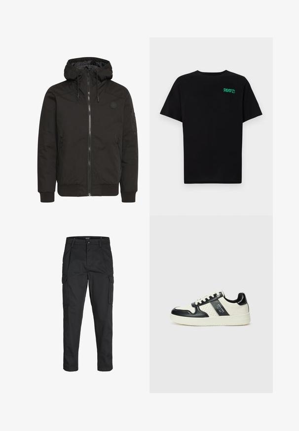 Čierna bunda so zipsom vpredu, nastaviteľnou kapucňou, žebrovanými manžetami a nášivkou loga. Vyrobená z hladkej, odolnej tkaniny s minimalistickým dizajnom.; Čierne tričko s krátkymi rukávmi vyrobené z bavlny. Na prednej strane má zelené logo "ROOTS", okrúhly výstrih a štandardný strih.; Čierne cargo nohavice z odolnej látky, s viacerými vreckami, gombíkovým zapínaním a úzkym strihom so zúženými nohavicami.; Kožené tenisky v čierno-krémovej farbe, s perforovanými akcentmi, polstrovaným golierom a štruktúrovanou podrážkou.