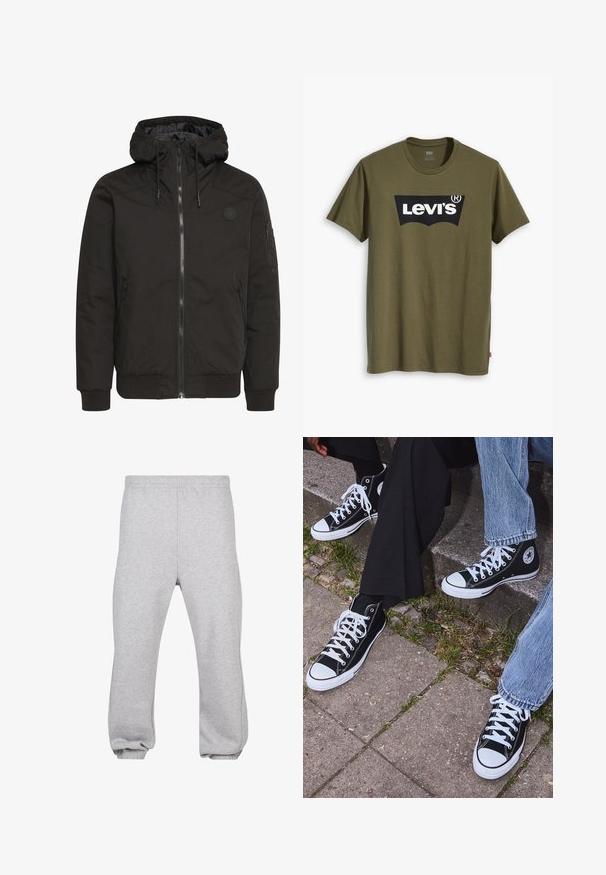 Črna jakna z zadrgo spredaj, nastavljivo kapuco, rebrastimi manšetami in logotipom na zakrpah. Narejena iz gladkega, trpežnega materiala z minimalističnim oblikovanjem.; Olivno zelena bombažna majica s kratkimi rokavi, na prsih pa se nahaja velik črn Levi's logotip v kontrastni polkrožni obliki. Redna prileganost.; Sive trenirke iz mešanice bombaža, z elastičnim pasom, zoženimi nogami in manšetami na robovih. Preprost dizajn brez vzorcev.; Črne visoke platnene teniske z belimi gumijastimi podplati in vezalkami, z ovalnim logotipom na strani, v kombinaciji z džinsom in črnimi hlačami.