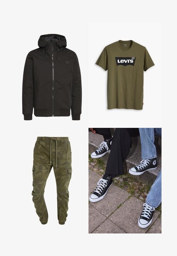 Black jacket with a zip front, adjustable hood, ribbed cuffs, and a patch logo. Made from a smooth, durable fabric with a minimalist design.; Olive green cotton t-shirt featuring a large black Levi's logo in a contrasting semi-arched shape across the chest. Regular fit.; Camo-patterned green cargo pants with a drawstring waist, elastic cuffs, and side pockets. Made from durable fabric.; Black high-top canvas sneakers with white rubber soles and laces, featuring a circular logo on the side and paired with denim and black pants.