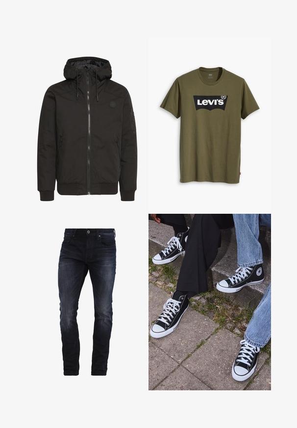 Črna jakna z zadrgo spredaj, nastavljivo kapuco, rebrastimi manšetami in logotipom na zakrpah. Narejena iz gladkega, trpežnega materiala z minimalističnim oblikovanjem.; Olivno zelena bombažna majica s kratkimi rokavi, na prsih pa se nahaja velik črn Levi's logotip v kontrastni polkrožni obliki. Redna prileganost.; Temno modri oprijeti kavbojke z rahlim zbledelostmi na stegnih in kolenih, ki imajo sprednje žepe, zanke za pas in gumbasto zapiranje.; Črne visoke platnene teniske z belimi gumijastimi podplati in vezalkami, z ovalnim logotipom na strani, v kombinaciji z džinsom in črnimi hlačami.