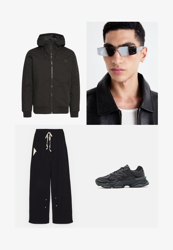 Zwarte jack met een ritssluiting aan de voorkant, verstelbare capuchon, geribbelde manchetten en een patchlogo. Gemaakt van een gladde, duurzame stof met een minimalistisch ontwerp.; Zwarte T-shirt met korte mouwen, gemaakt van katoen, met een ronde halslijn en een ontspannen pasvorm. Gladde textuur met minimale stikdetails.; Zwarte wijde broek van zachte stof met een trekkoord in de taille, zijzakken en een driehoekige accentzak. Inclusief zilveren hardwaredetails.; Zwarte hardloopschoen met een mix van mesh en synthetische materialen, een stevige zool, gebogen ontwerp en prominente branding op de zijkant.; Hoekige, grijsgetinte zonnebril met zilveren accenten, tegen een lichte achtergrond. De lenzen hebben een unieke geometrische vorm.