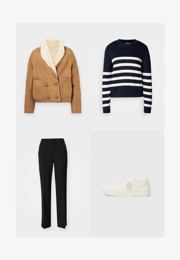 Jaqueta de camurça castanha com um grande colarinho em pelúcia creme, fecho de botão duplo e dois bolsos frontais.; Sweater azul-marinho com riscas brancas horizontais, decote redondo e punhos canelados. Textura suave, design curto e distribuição de cor uniforme.; Calças pretas de corte ajustado com um design de perna reta, apresentando uma textura lisa e pregas bem definidas na frente. Sem hardware visível.; Sneaker branco com parte superior em couro liso, bico redondo, atacadores planos e um logo texturizado na lateral. Sola de borracha com pisada mínima.