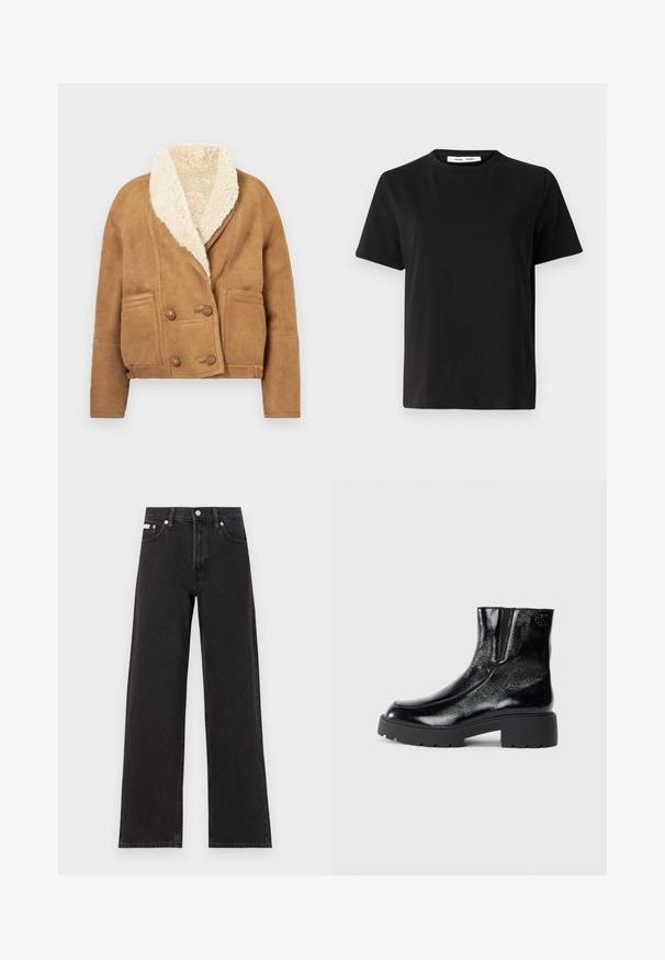 Rjava zamšena jakna z velikim kremastim ovratnikom iz umetnega ovčjega krzna, dvorednim gumbom in dvema sprednjima žepoma.; Črna majica s kratkimi rokavi iz mehkega bombaža, ki ima okroglo izrezovanje, udoben kroj in gladko teksturo. Brez vidnih vzorcev ali grafike.; Črne široke jeans hlače iz denima, s poudarjenim pasom, petimi žepi in kovinskim gumbom za zapiranje ter kontrastnim šivanjem.; Črne gležnarje z sijajnim patentiranim usnjem, debele črne gumijaste podplate in dvignjen petni del; vključujejo subtilen logotip na strani.