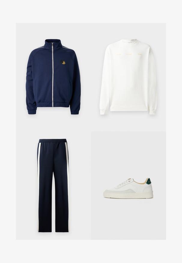 Mørkeblå sportsjakke med høy krage, full glidelås, hvite sidestriper og et brodert logo i gult og svart på brystet.; Hvit sweatshirt med rund hals, lange ermer og ribbet mansjetter. Har gulltrykt tekst over brystet: "HZW (25-26) HOLZWEILER THE SUN."; Marineblå joggebukser med bred bendesign, med vertikale kremfargede striper langs sidene. Laget av myk, strukturert stoff med elastisk midjebånd.; Hvit sneakers med semsket detaljer, rund tå, flate snøringer og en kremfarget gummisåle. Har grønn merking på hælen.
