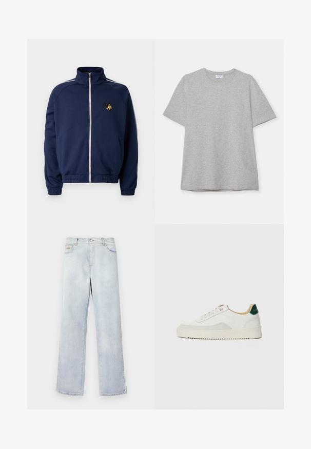 Námornická sportovní bunda s vysokým límcem, plným zipem, bílými bočními pruhy a vyšitým znakem v žluté a černé barvě na hrudi.; Šedé tričko s krátkým rukávem vyrobené z měkké, texturované látky. Disponuje klasickým kulatým výstřihem a rovného lemu, vhodné pro každodenní nošení.; Světle modré džíny s rovnými nohavicemi, které mají zapínání na knoflík, pět kapes a kontrastní prošití.; Bílé tenisky se semišovými prvky, kulatou špičkou, plochými tkaničkami a krémovou gumovou podrážkou. Na patě mají zelené logo.
