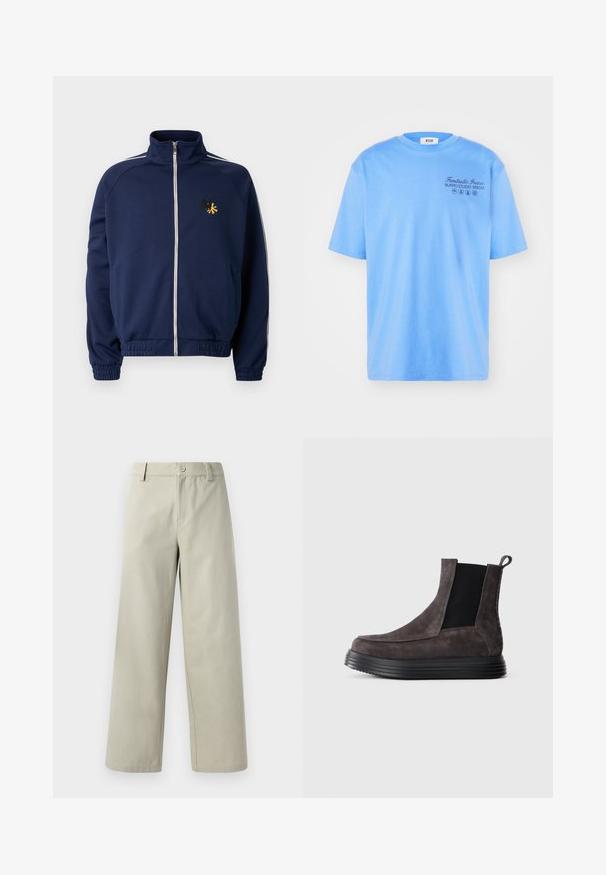 Navy sports jacket with a high collar, full zip, white side stripes, and an embroidered logo in yellow and black on the chest.; Light blue cotton t-shirt with short sleeves, round neckline, and black text: "Fantastic Green Burro Studio MSGM" with graphic accents.; Han Kjøbenhavn WIDE LEG - Trousers - light grey; Dark gray suede ankle boot with black elastic side panel and thick ridged black sole, photographed on a white background.