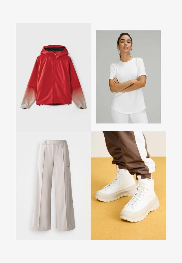 Czerwona wodoodporna kurtka z kapturem; posiada zamek błyskawiczny i gradientowe rękawy przechodzące od czerwonego do jasnoszarego, z elastycznymi mankietami.; Biała koszulka z krótkim rękawem, wykonana z gładkiego materiału, z okrągłym dekoltem i zaokrąglonym dołem. Nosi się ją z białymi spodniami.; Jasnoszare spodnie o szerokich nogawkach, wykonane z gładkiego materiału. Posiadają elastyczny pas i czarne logo Nike po lewej stronie.; Białe wysokie trampki z grubą, teksturowaną podeszwą, charakteryzujące się gładką cholewką, okrągłym czubkiem i sznurowadłami w tonacji koloru, na żółtym tle.
