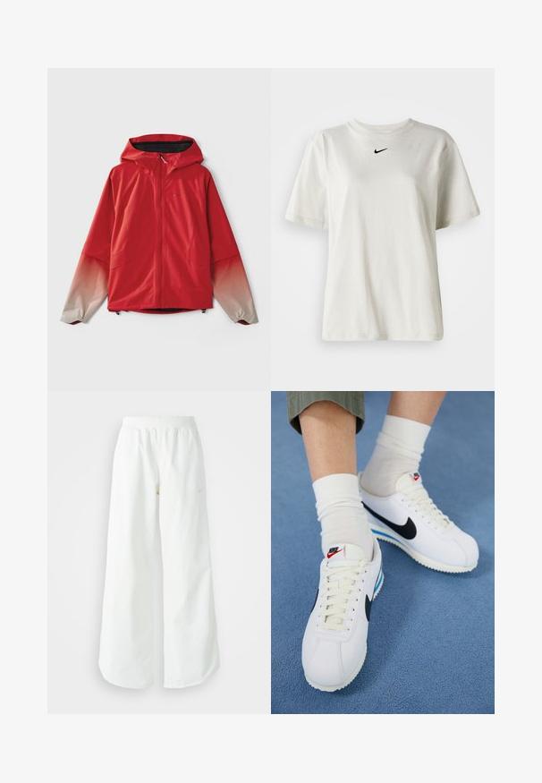 Red waterproof jacket with a hood; features a zip closure and gradient sleeves transitioning from red to light gray, with elastic cuffs.; White cotton t-shirt with a round neckline and short sleeves. Features a small black Nike logo on the chest. Simple and unadorned design.; White wide-leg athletic pants with a ribbed waistband and subtle logo detail. Smooth fabric with a relaxed fit and tapered hem.; White Nike sneakers with black swoosh, lace-up front, and white soles featuring blue accents. Worn with white crew socks over green pants.