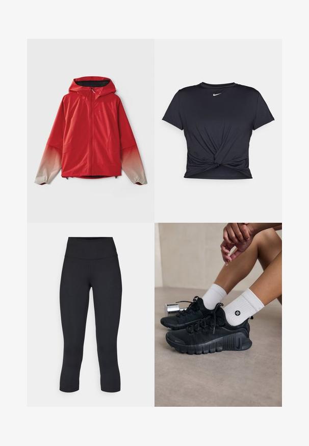 Röd vattentät jacka med huva; har dragkedjestängning och gradiente ärmar som övergår från röd till ljusgrå, med elastiska muddar.; Svart atletisk t-shirt i mjukt tyg, med en knuten framdesign och en liten vit Nike-logga på bröstet.; Svarta korta leggings i stretchigt material, med hög midja och slät yta, utan synliga mönster eller detaljer.; Svarta sportskor med texturerat tyg, snörning och en framträdande sula, tillsammans med vita ribbade strumpor med en liten logotyp.