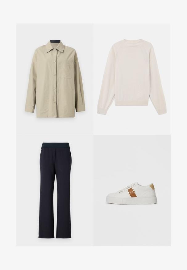 Bēšas krāsas izmēru palielināta jaka no viegla auduma, ar norādītu apkakli, priekšējo pogu aizdari un krūšu kabatu ar iegrieztu logo detaļu.; Gaiši krēms svīteri, kas izgatavots no mīksta, adīta auduma. Iespējas: apaļš kakls, garas piedurknes un ribotas aproces un apakšmalas ar raglanu piedurkņu dizainu.; Melni brīvi pieguļoši bikses ar plašu jostasvietu. Izgatavotas no mīkstas auduma, ar divām sānu kabatām un gludu tekstūru. Nav redzamu rakstu.; Baltās zemas tenisa kedas ar bēšu papēža ieliktni, brūnu ādas siksniņu ar zelta sprādzi un A|X zīmolu, un izsistām Armani Exchange zoli.