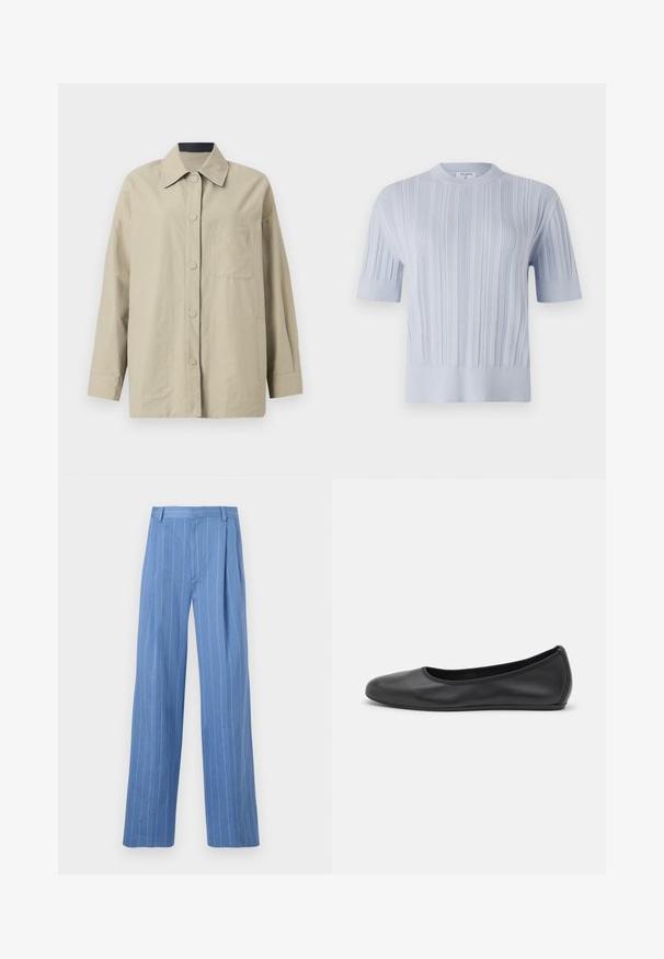 Giacca over size beige in tessuto leggero, con colletto a punta, chiusura frontale con bottoni e taschino sul petto con dettaglio logo in rilievo.; Top a maniche corte in maglia blu chiaro con texture a righe verticali e scollatura rotonda. Il tessuto presenta dettagli sottili con orlo aderente.; Pantaloni a gamba larga blu chiaro con strisce bianche verticali. Realizzati in materiale morbido, presentano una piega frontale e un design della vita pulito.; Pantofole da balletto nere in pelle con punta arrotondata, texture liscia, dettagli di cucitura minimi e design con suola flessibile.