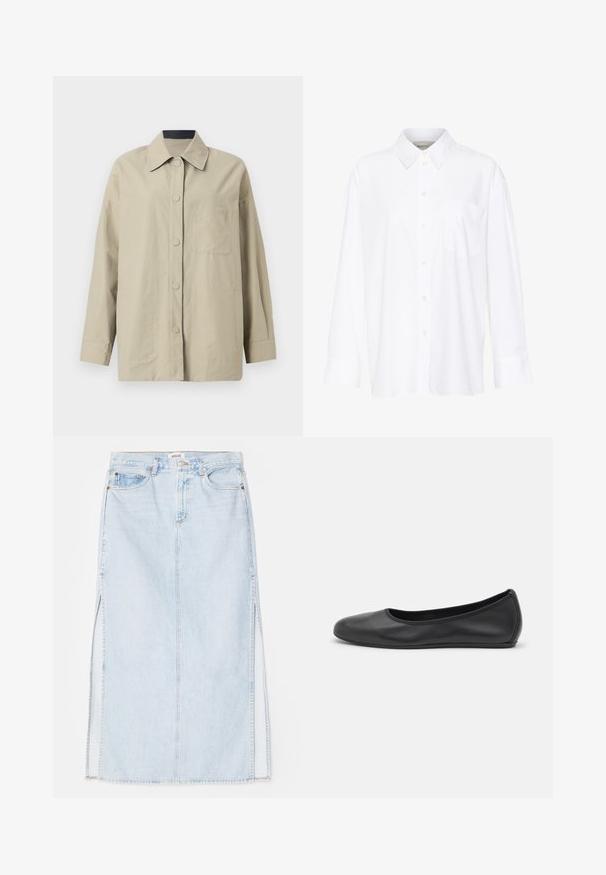 Šviesiai rudos spalvos perteklinė striukė iš lengvos medžiagos, su smailiu apykakle, priekyje užsegama mygtukais ir turi krūtinės kišenę su iškilniu logotipo ženklu.; Balta ilgomis rankovėmis marškiniai su apykakle, pagaminti iš medvilnės. Su mygtukų užsegimu priekyje ir viena krūtinės kišenė. Lygus paviršius, laisvas siluetas.; Šviesiai mėlynas džinsinis maksi sijonas su tiesiu kirpimu, su šoninėmis išpjovomis ir penkių kišenių dizainu. Išryškintas siuvinėjimas ir metalinė sagtis.; Juodai odiniai baletai su apvaliu pirštu, lygi texture, minimalus siuvimo detales ir lanksčiu padų dizainu.