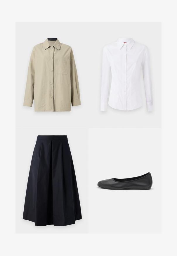 Giacca over size beige in tessuto leggero, con colletto a punta, chiusura frontale con bottoni e taschino sul petto con dettaglio logo in rilievo.; Camicia bianca a maniche lunghe con colletto a punta, chiusura frontale con bottoni e design aderente. Tessuto di cotone liscio con dettagli di cucitura discreti.; Gonna nera a forma A realizzata in tessuto liscio, con pences e una vita ampia. La gonna arriva giusto sopra la caviglia.; Pantofole da balletto nere in pelle con punta arrotondata, texture liscia, dettagli di cucitura minimi e design con suola flessibile.