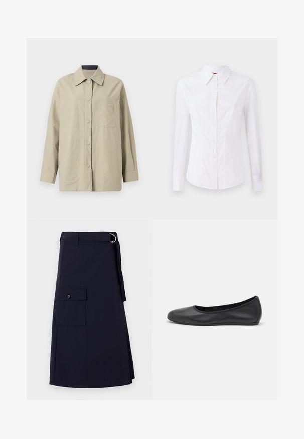 Beige oversized jas van lichtgewicht stof, met een puntkraag, een knoopsluiting aan de voorkant en een borstzak met reliëf logo-detail.; Witte blouse met lange mouwen en een puntige kraag, met een knoopsluiting aan de voorkant en een getailleerd ontwerp. Gladde katoenstof met subtiele stikdetails.; Navyblauwe rok met een gestructureerd ontwerp, voorzien van een zijvak en een metalen D-ring als accent. Gemaakt van duurzaam materiaal.; Zwarte leren ballerina met een ronde neus, gladde textuur, minimale stikdetails en een flexibele zoolontwerp.