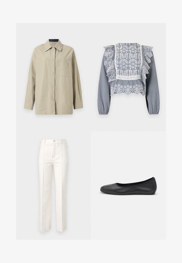 Beige oversized jacket in lightweight fabric, featuring a pointed collar, front button closure, and a chest pocket with embossed logo detail.; Navy and white checkered blouse featuring lace detailing, ruffled sleeves, a peplum hem, and elastic cuffs, made from lightweight fabric.; White straight-leg trousers in cotton blend, featuring a smooth texture, two front pleats, and a waistband with a single button closure.; Black leather ballet flat with a rounded toe, smooth texture, minimal stitching detail, and a flexible sole design.