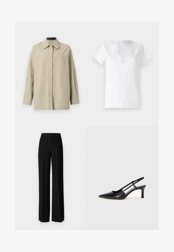 Beige ülemõõduline jakk kergetest kangast, millel on terav krae, ees nuppude sulgemine ja rinna tasku, millel on embosseeritud logo detail.; Valge puuvillane t-särk lühikeste varrukatega, vabalt langetatud lõikega ja V-kaelusega, millel on viis dekoratiivset nööpi.; Mustad laiad püksid mustas värvitoonis, sujuva tekstuuri ja kõrge vöökoha ning keskmiste voldikutega. Ilma nähtavate mustrite või tarvikute detailideta.; Mustmust paelad, millel on terav varvas, tekstuuriga maduprindiga, reguleeritav rihm ja lühike tekstuuriga plokknina.