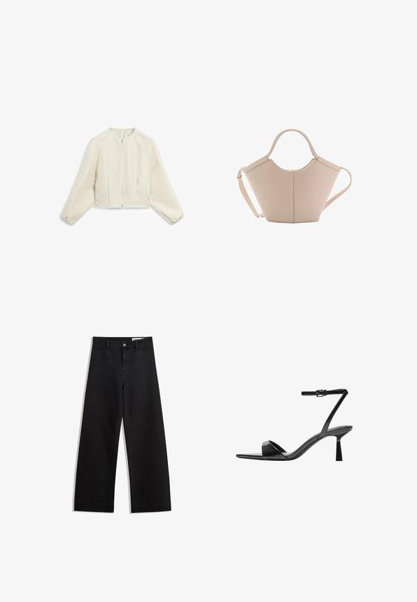 Kurze, taillierte Jacke aus leicht beigem Stoff mit subtiler Textur, ausgestattet mit einem Reißverschluss vorne und gerafften Ärmeln für zusätzliche Form.; Schwarzer, langärmeliger, gestrickter Pullover mit gepolsterten Schultern sowie gerippten Bündchen und Saum, dargestellt vor einem weißen Hintergrund.; Schwarze weit geschnittene Jeans mit hoher Taille, ausgestattet mit Vorder- und Hintertaschen, gesteppten Nähten und einem Knopfverschluss. Glatte Textur.; Bershka High Heel Sandalette - black; Beige Lederhandtasche mit einer einzigartigen Form, die zwei kurze Henkel und einen langen verstellbaren Riemen aufweist. Glatte Textur mit minimalen Hardware-Elementen.