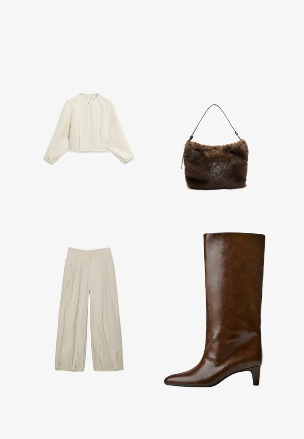 Korte mouwen, cropped jas van lichtbeige stof met een subtiele textuur, voorzien van een ritssluiting aan de voorkant en geplooide mouwen voor extra vorm.; Witte short-sleeve t-shirt van gladde stof, met een ronde halslijn en subtiele stiksels bij de zoom.; Knoopshirt in crèmekleur met een groen en bruine ruitpatroon. Heeft een klassieke kraag en lange mouwen, met een enkele zak op de linkerborst.; Beige ruime broek met een gestructureerd oppervlak, voorzien van voorplooien en een aansluitende tailleband. Geen zichtbare sluitingen of zakken.; Bruine leren kniehoog laars met een spitse neus en een taps toelopende hak, met een gladde textuur en eenvoudig ontwerp.; Bruine nep bont schoudertas met een zachte textuur, platte rechthoekige vorm en een dunne leren strap aan elk uiteinde bevestigd.
