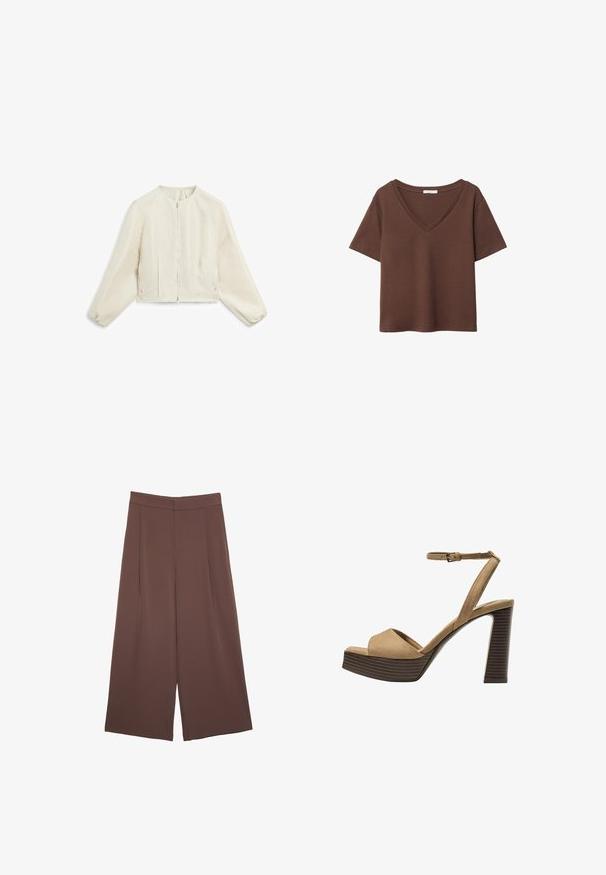 Kortärmad, kort jacka i ljusbeige tyg med en subtil textur, med en dragkedja fram och rynkade ärmar för extra form.; Brun bomulls t-shirt med korta ärmar och djup V-ringning. Enkel design, mjuk textur och rak fåll. Inga mönster eller dekorationer.; Bruna vida byxor med en slät textur, som har hög midja och framfickor. Tyget är lätt och flödar löst.; Beiga suède högklackade sandaler med ett brett framrem och ankelsrem, med en kraftig träblockklack med en strukturerad yta.