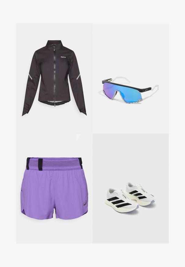 Svart vanntett sykkeljakke med lange ermer, høy krage, frontglidelås og reflekterende detaljer på skuldrene. Lett, glatt tekstur.; Langermet atletisk topp i lys lilla stoff, med en slim fit-design, rund hals og subtil tekstur med logo-detalj på brystet.; ASICS METARUN SPLIT SHORT - Sports shorts - edo purple; Hvite sportsko med svarte striper og merkevare, med mesh-overdel, rund tå og tykk kremfarget såle for demping.; Sport solbriller med svart ramme, hvite aksenter og blå gradient speil-linser. Teksturert hvit og svart mønstret stenger.