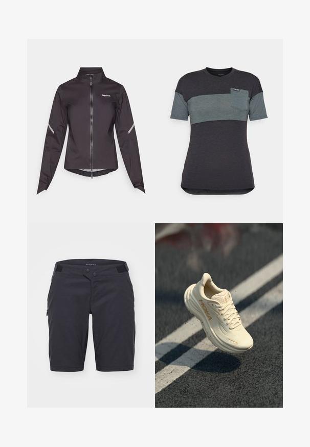 Černá voděodolná cyklistická bunda s dlouhými rukávy, vysokým límcem, předním zipem a reflexními detaily na ramenech. Lehká, hladká textura.; Tričko s krátkým rukávem ve tmavě šedé a tyrkysové barvě s horizontálním barevným blokem, s náprsní kapsou a štítkem na límci.; Tmavě šedé šortky vyrobené z lehké tkaniny. Obsahují dva knoflíky v pase, zapínací kapsu na boku a hladkou texturu.; Bílá teniska s texturovaným svrškem, zaoblenou špičkou a silnou podrážkou. Má světle béžové detaily a tkaničky, vznáší se nad tmavým povrchem.