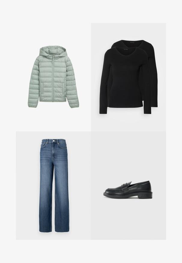 Vaaleanvihreä pehmeä takki hupulla, täysihihnainen ja kahdella etutaskulla. Sisältää vaakasuoran tikkauskuvion ja joustavat hihansuut.; Kaksi mustaa pitkähihaista paitaa V-aukkolla, valmistettu pehmeästä ja joustavasta kankaasta, joka osoittaa sileää tekstuuria ja istuvaa muotoa.; Sininen farkkutakki, jossa on korkea vyötärö ja leveä lahje. Ominaisuuksiin kuuluu klassinen viiden taskun muotoilu ja metallinappikoristelu.; Musta nahkainen loafers-mallinen kenkä pyöreällä varvalla, ommelluilla yksityiskohdilla ja pienellä korolla. Yksinkertainen pinta ja joustava kumipohja.