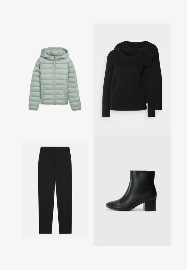 Jachetă căptușită de culoare verde deschis, cu glugă, cu fermoar complet și două buzunare frontale. Prezentă un design cu o quiltare orizontală și mansete elastice.; Două cămăși negre cu mâneci lungi și decolteu în V, fabricate dintr-un material moale și elastic, cu o textură netedă și o formă ajustată.; Pantaloni negri cu un design croit, dotati cu buzunare laterale si un croi drept. Fabricati dintr-un material neted, usor, cu un finisaj elegant.; Cizme negre din piele până la gleznă, cu vârf ascuțit și toc robust. Textură netedă, cu accente minime și un design elegant, ajustat.