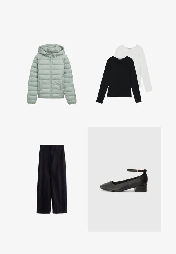 Svijetlozeleni jastučićasti kaput s kapuljačom, punim zipom i dva prednja džepa. Ima horizontalni quilted dizajn i elastične manžete.; Dva dugo rukava, jedan crni i jedan bijeli, oba s kvadratnim izrezom i izrađeni od mekane, rastezljive tkanine.; Crne široke hlače od laganog materijala. Imaju ravni pojas s prednim rajsferšlusom i džepovima, prikladne za svakodnevno ili formalno nošenje.; Crne kožne pumpe s oštrim vrhom i niskom blok petom. Sadrže remen oko gležnja s zlatnim kopčanjem. Glatka tekstura.