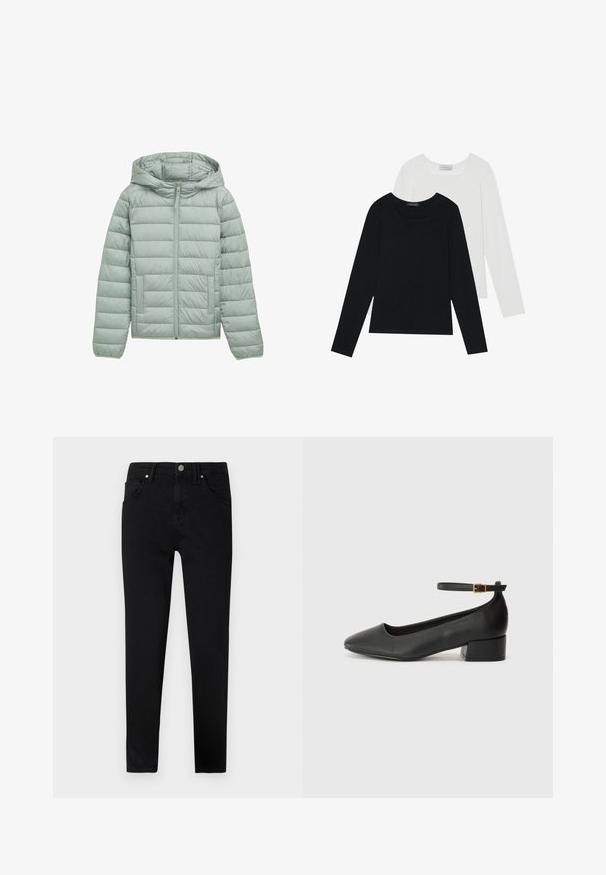 Svetlozelená vypchávkovaná bunda s kapucňou, plným zipsom a dvoma prednými vreckami. Má horizontálnu prešitú konštrukciu a elastické manžety.; Dvoje dlhých rukávov, jedny čierne a jedny biele, s hranatým výstrihom a vyrobené z mäkkého, elastického materiálu.; Čierne denimové džínsy so slim fit strihom, s predným zapínaním na gombík, pútkami na opasok a klasickým dizajnom s piatimi vreckami. Hladká textúra.; Čierne kožené lodičky s špicatou špičkou a nízkym blokovým podpätkom. Obsahuje remienok okolo členka so zlatým prackou. Hladký povrch.