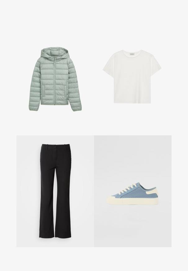 Jasnozielona ocieplana kurtka z kapturem, zapinana na zamek błyskawiczny, z dwoma przednimi kieszeniami. Posiada poziome pikowanie i elastyczne mankiety.; Biała koszulka z krótkim rękawem wykonana z miękkiej bawełny. Posiada okrągły dekolt i luźny krój. Czysty design bez widocznych wzorów czy akcentów.; Czarne spodnie z bawełny z prostymi nogawkami, z zapięciem na guzik z przodu i dwoma bocznymi kieszeniami. Gładka faktura, brak widocznych wzorów.; Niebieskie siatkowe trampki z kremową gumową podeszwą, zaokrąglonym noskiem i płaskimi sznurowadłami. Posiadają teksturowany wzór po bokach oraz wyściełany kołnierz.