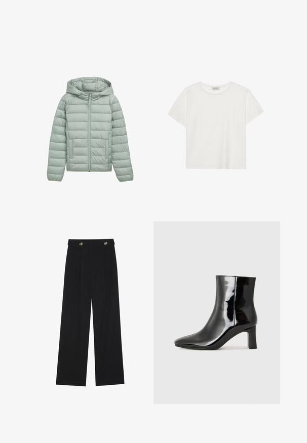 Világos zöld, kapucnis, bélelt dzseki, teljes cipzárral és két elülső zsebbel. Jellemzője a vízszintes steppelt mintázat és az elasztikus mandzsetták.; Fehér, rövid ujjú póló, puha pamutból készült. Kerek nyakkivágással és laza szabással rendelkezik. Tiszta dizájn, látható minták vagy díszítések nélkül.; Fekete, bő szárú nadrág magas derékkal, gombos részletekkel a derékrészen és elülső pliszékkal.; Fekete lakk bőrcipő bokáig érő, hegyes orral és közepes magasságú tömbsarokkal. Simább textúrával és minimalista dizájnnal rendelkezik.
