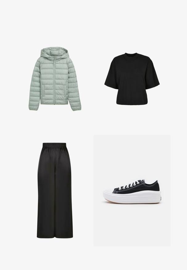 Chaqueta acolchada verde claro con capucha, cierre completo y dos bolsillos frontales. Presenta un diseño de acolchado horizontal y puños elásticos.; Camiseta corta negra de algodón. Cuenta con mangas cortas y un escote redondo. Textura suave con un diseño sencillo, sin patrones adicionales.; Pantalones negros de pierna ancha hechos de una tela suave y brillante, con una cinturilla elástica y sin bolsillos visibles ni detalles de metal.; Zapatillas de lona negras con cordones blancos, puntera de goma blanca y una suela blanca gruesa. Presenta costuras blancas sutiles y una suela de goma.
