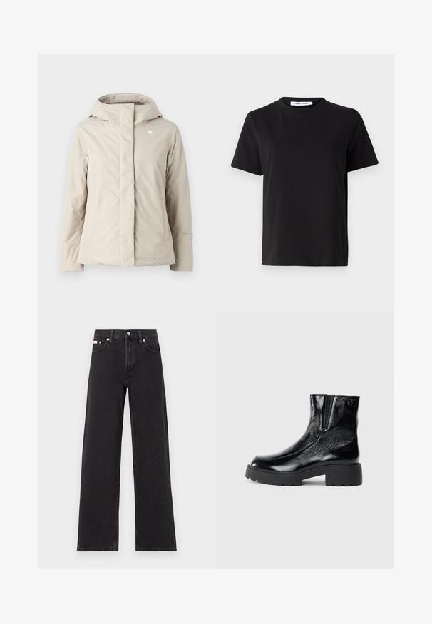 K-Way LIL SOFT TOUCH - Jas - beige; Zwart T-shirt met korte mouwen, gemaakt van zachte katoen, met een ronde hals, een ontspannen pasvorm en een gladde textuur. Geen zichtbare patronen of opdrukken.; Zwarte wijde spijkerbroeken van denim, met een hoge taille, vijf-pocket stijl en een metalen knoopsluiting met contrasterende stiksels.; Zwarte enkellaarsjes met een glanzende lakleren afwerking, chunky zwarte rubberen zool en verhoogde hak; inclusief subtiele logo-detail aan de zijkant.