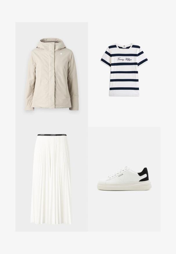 K-Way LIL SOFT TOUCH - Giacca da mezza stagione - beige; T-shirt in cotone con righe orizzontali blu navy su sfondo bianco. "Tommy Hilfiger" ricamato in corsivo sul petto. Collo a giro.; Gonna bianca plissettata con elastico nero in vita che presenta il logo "LACOSTE". Design di lunghezza media con texture morbida.; Sneaker bianchi in pelle con suola spessa bianca, accento in suede nero sul tallone e logo impresso sul lato. Design con lacci e sei fori per i lacci.